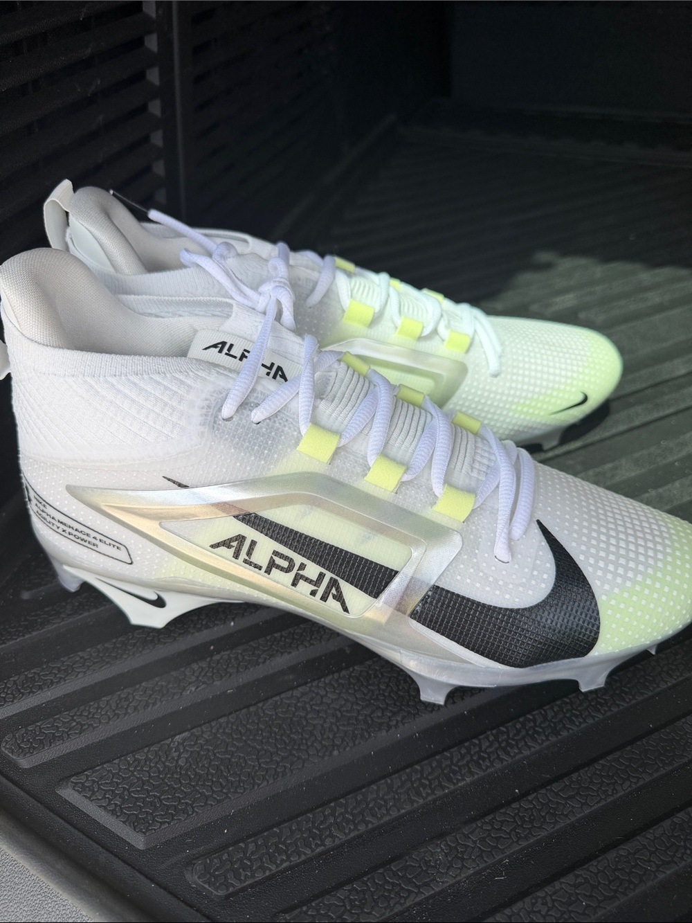 Nike White and Neon Yellow Alpha Football Cleats